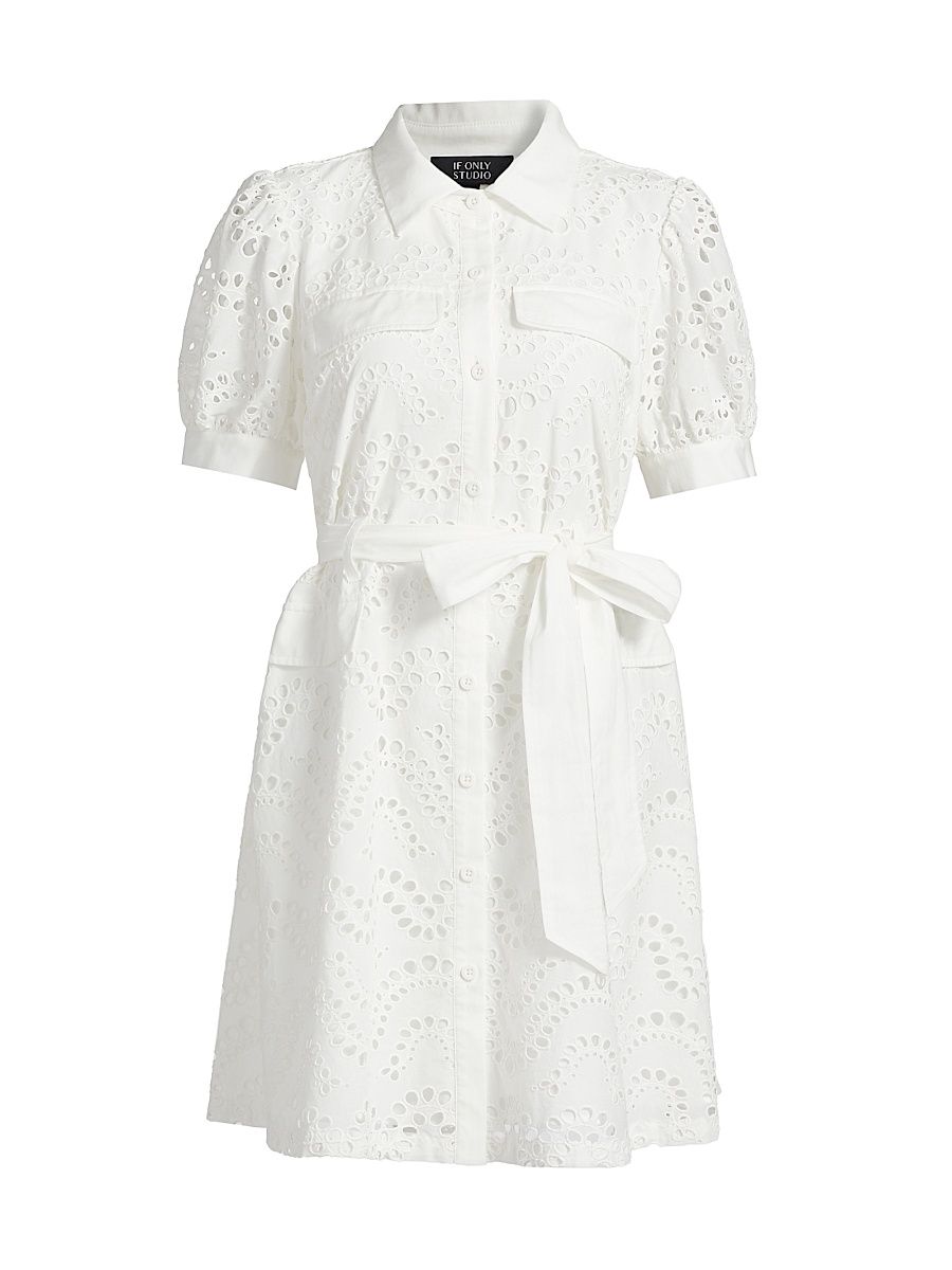 Women's Eyelet Cotton Tie-Waist Mini-Shirtdress - White - Size 8