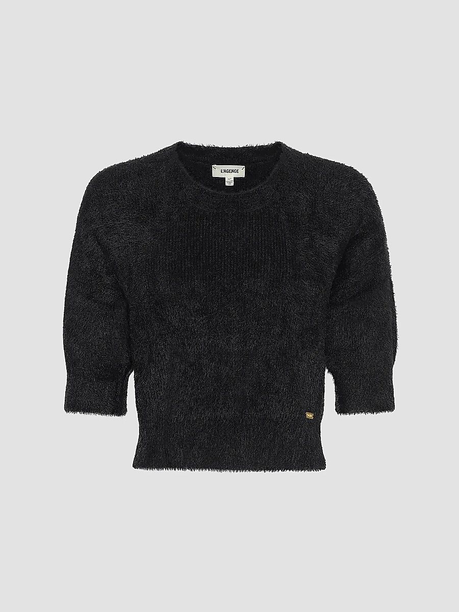 L'AGENCE Women's Guinevere Crop Fuzzy Knit Crewneck Sweater - Black - Size XL