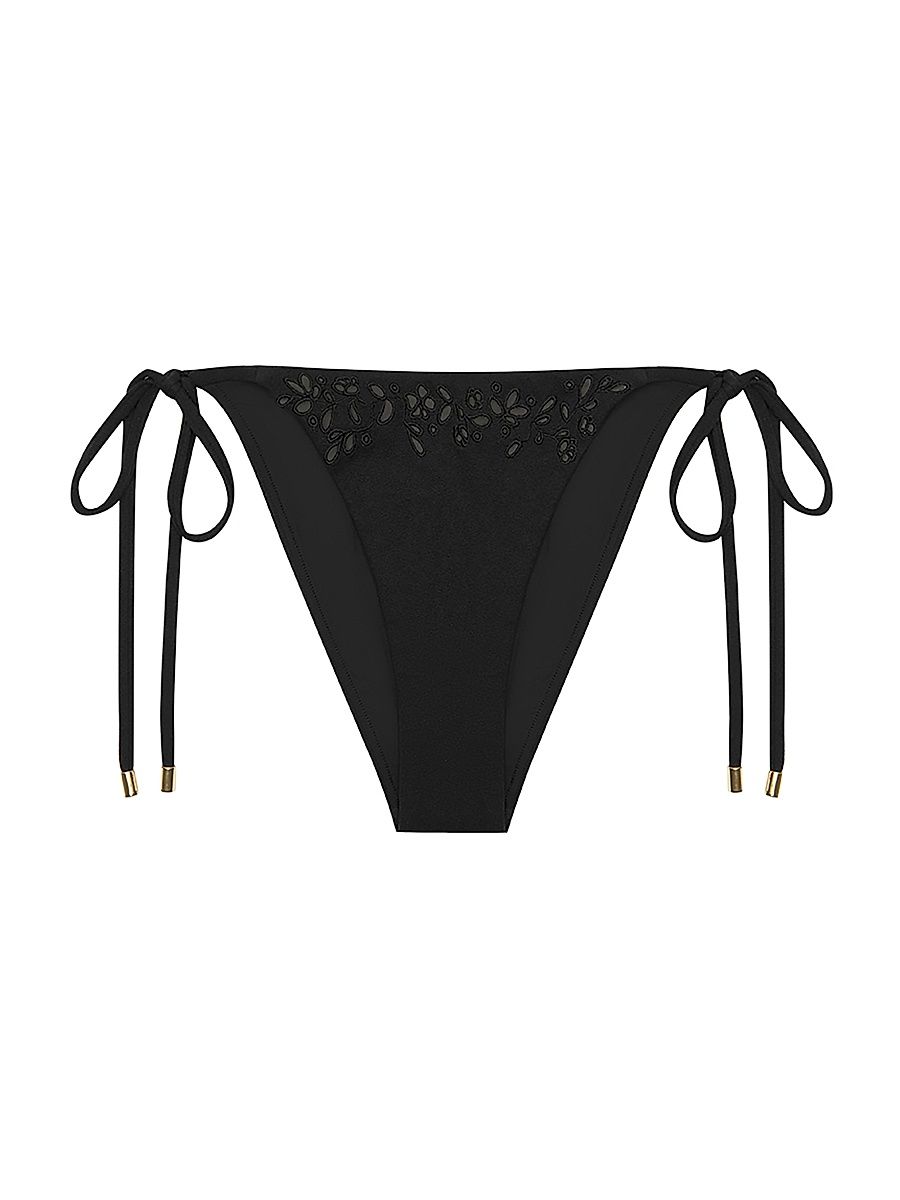 Women's Memoir Embroidered String Bikini Bottom - Ebony - Size Large