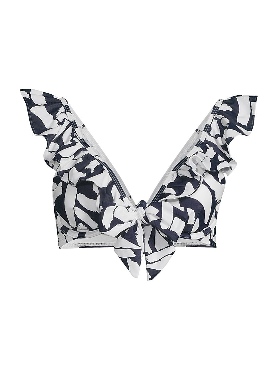 Women's Brushstroke Ruffled Bikini Top - Navy Ecru - Size Small
