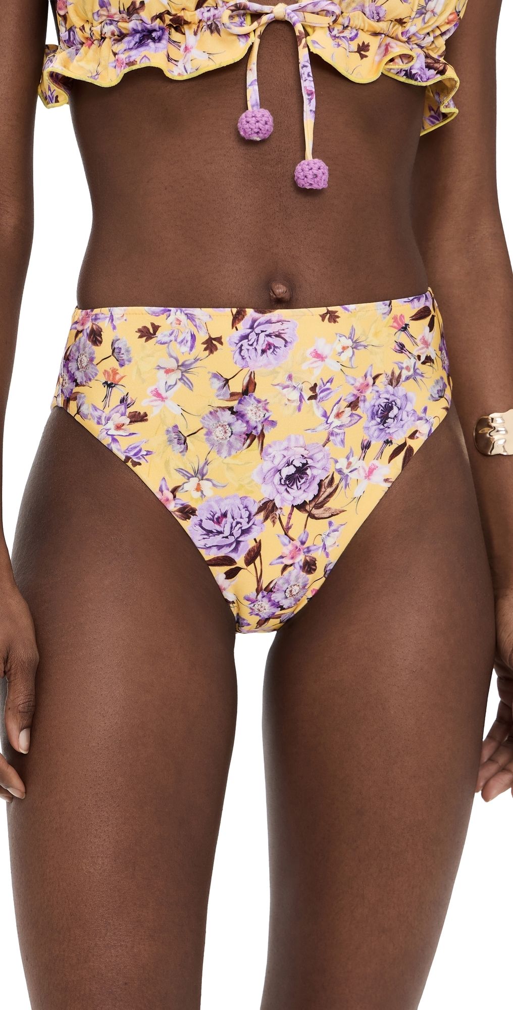 PatBO Peony Print Lycra High Waist Bikini Bottoms Yellow S
