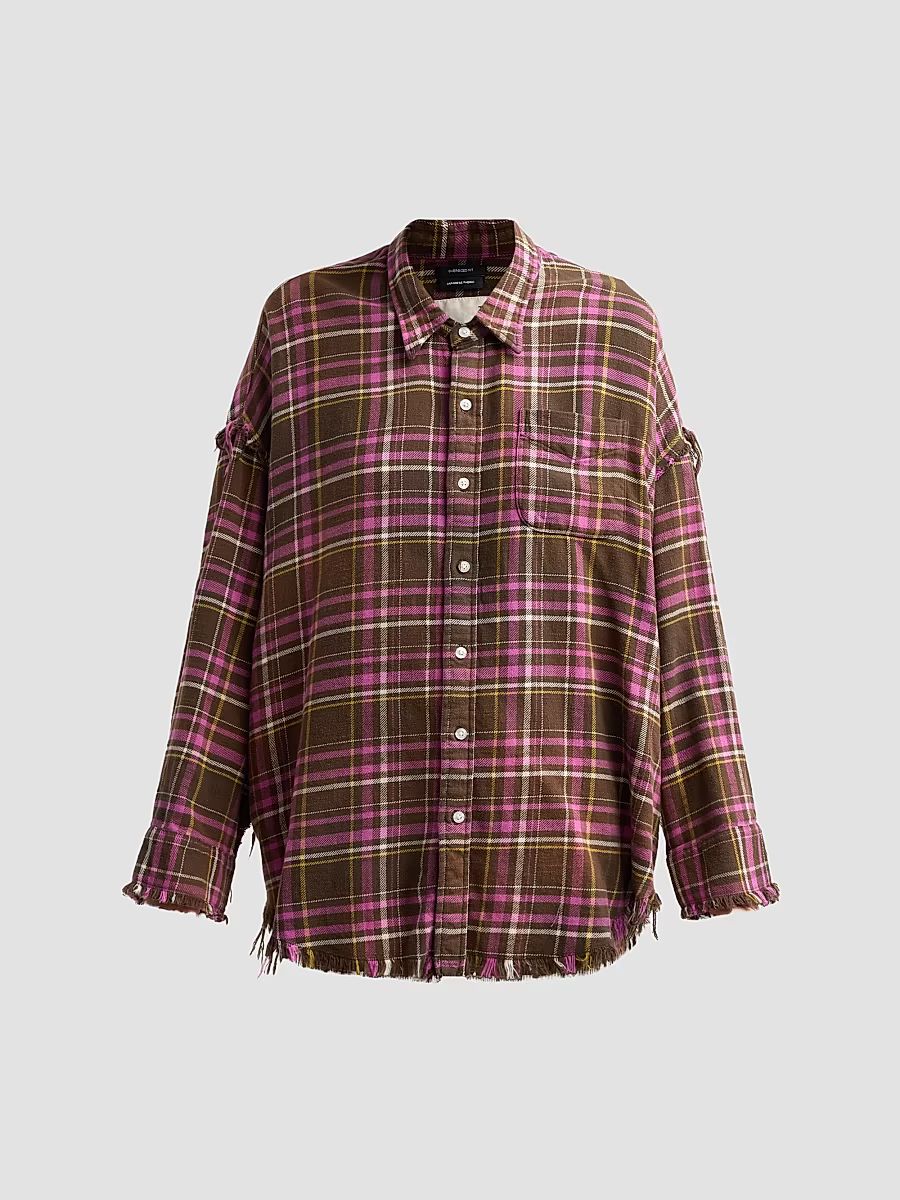 Women's Shredded Seam Drop Neck Shirt - Brown Pink Plaid - Size XS