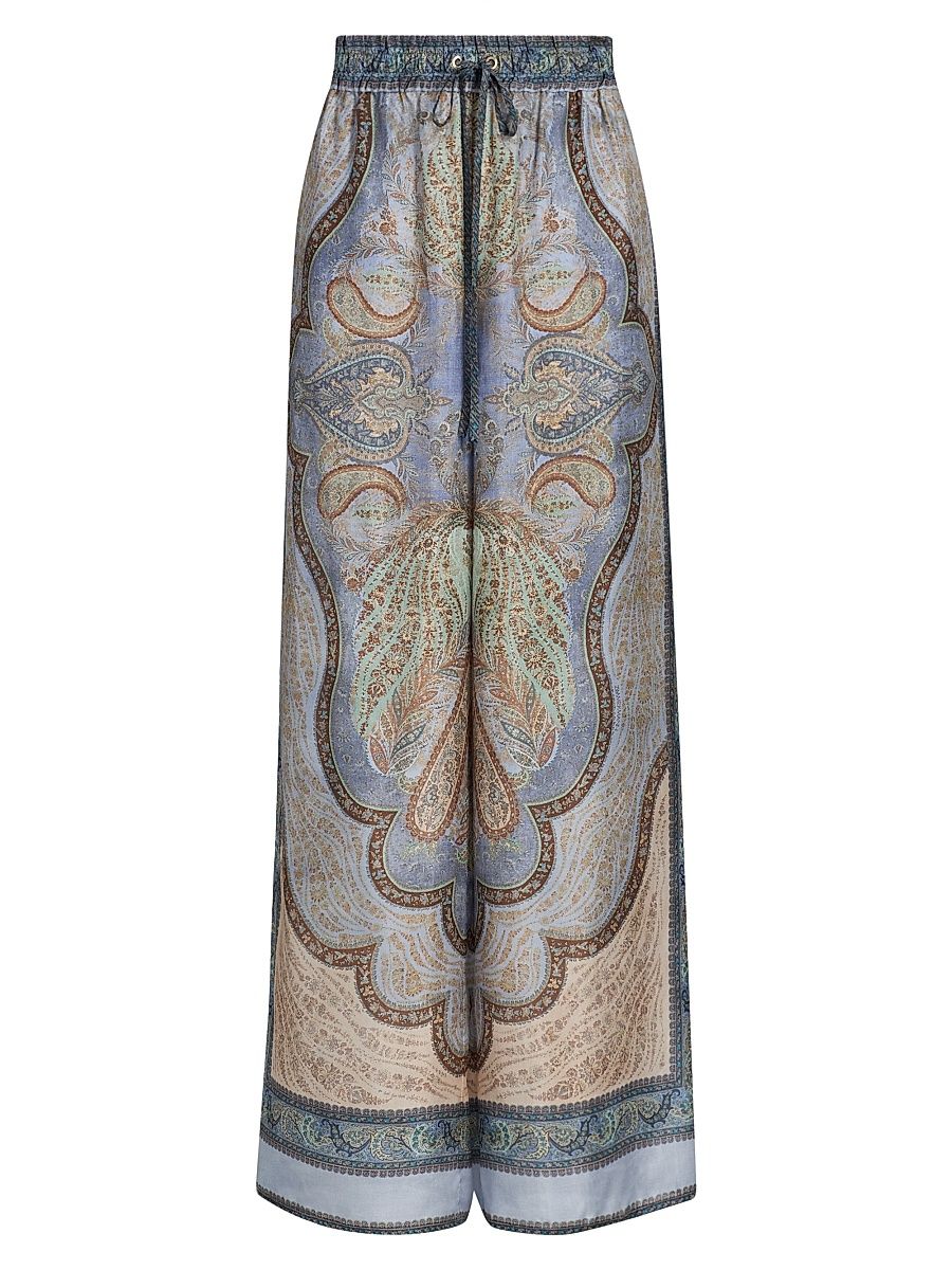 Women's Wanderlust Printed Drawstring Silk Pants - Tapestry Blue Multi - Size 8