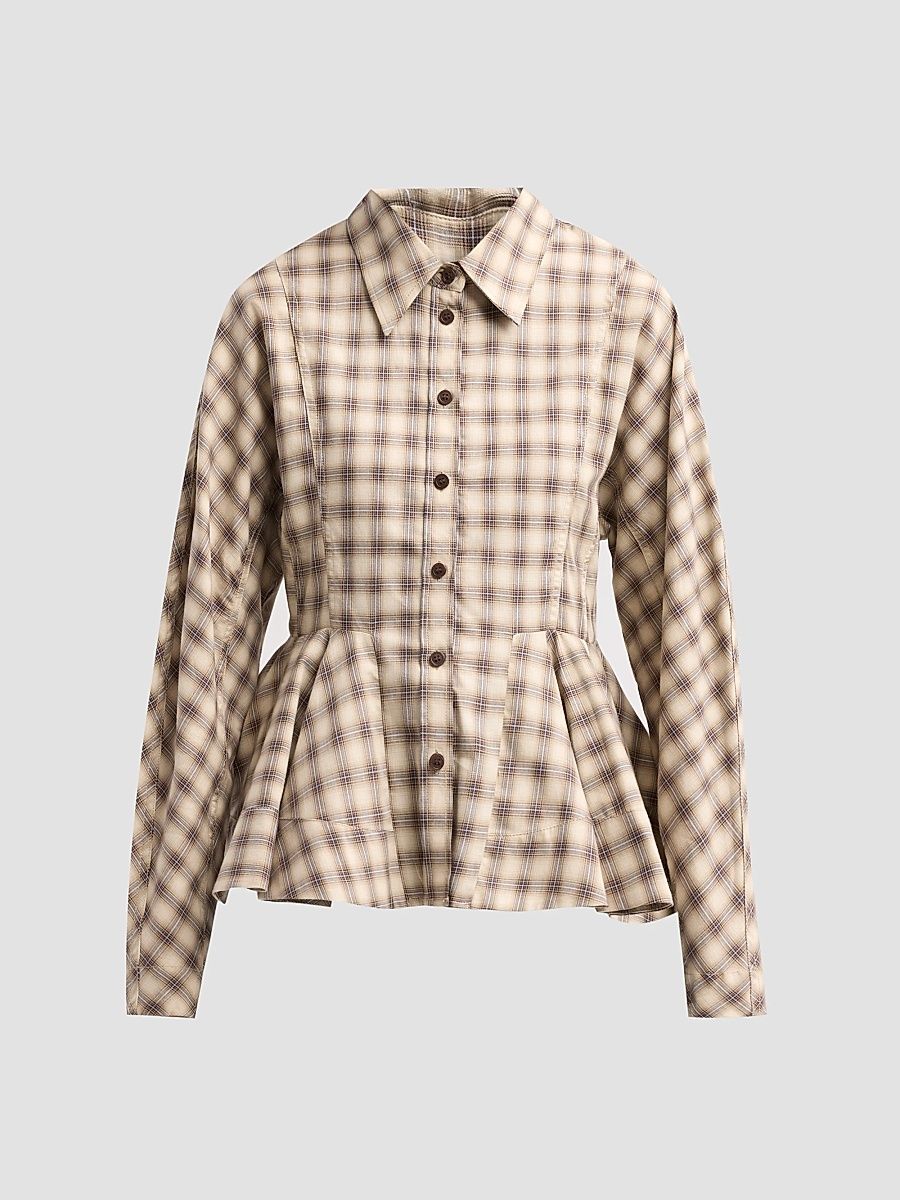 Ganni Women's Check Flannel Peplum Shirt - Oyster Gray - Size 6