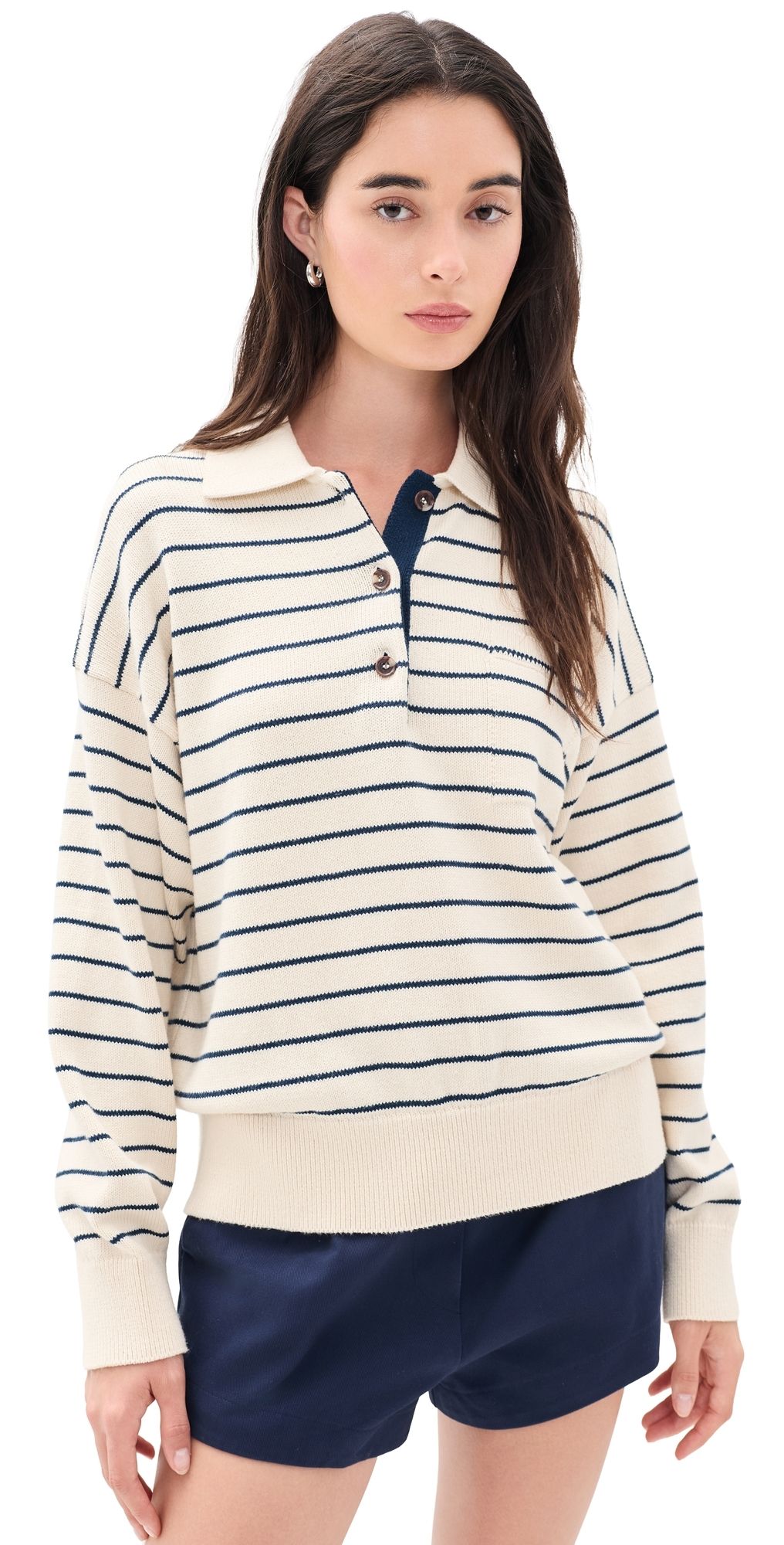 White & Warren Cotton Striped Polo Ivory/Navy Stripe L