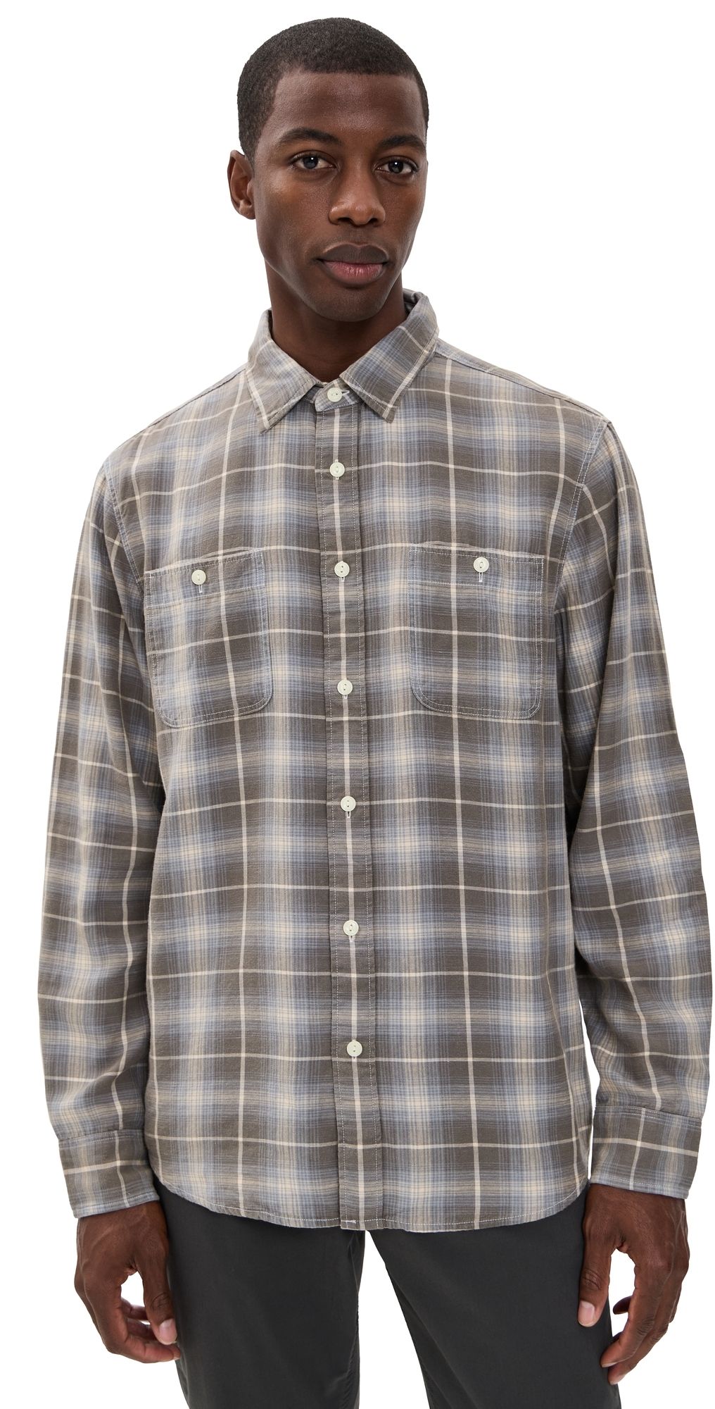 Faherty The Tried and True Chambray Workshirt Iron Water Plaid M