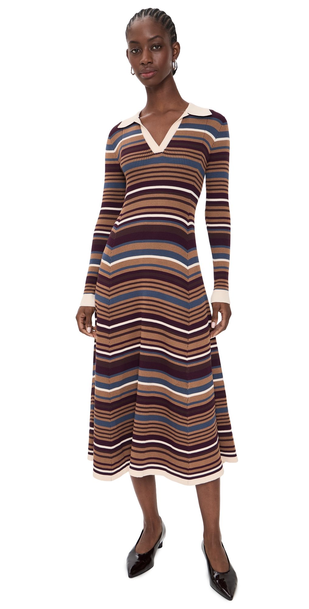 Moon River Stripe Collared Long Sleeve Dress Cream Multi XS