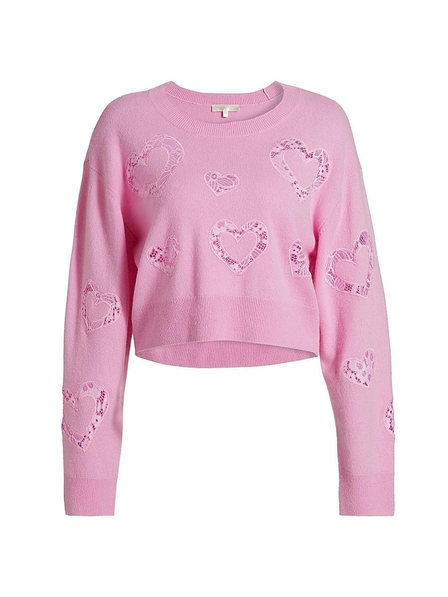 Women's Parson Wool & Cashmere Lace-Trim Heart Sweater - Heartfelt Pink - Size Large