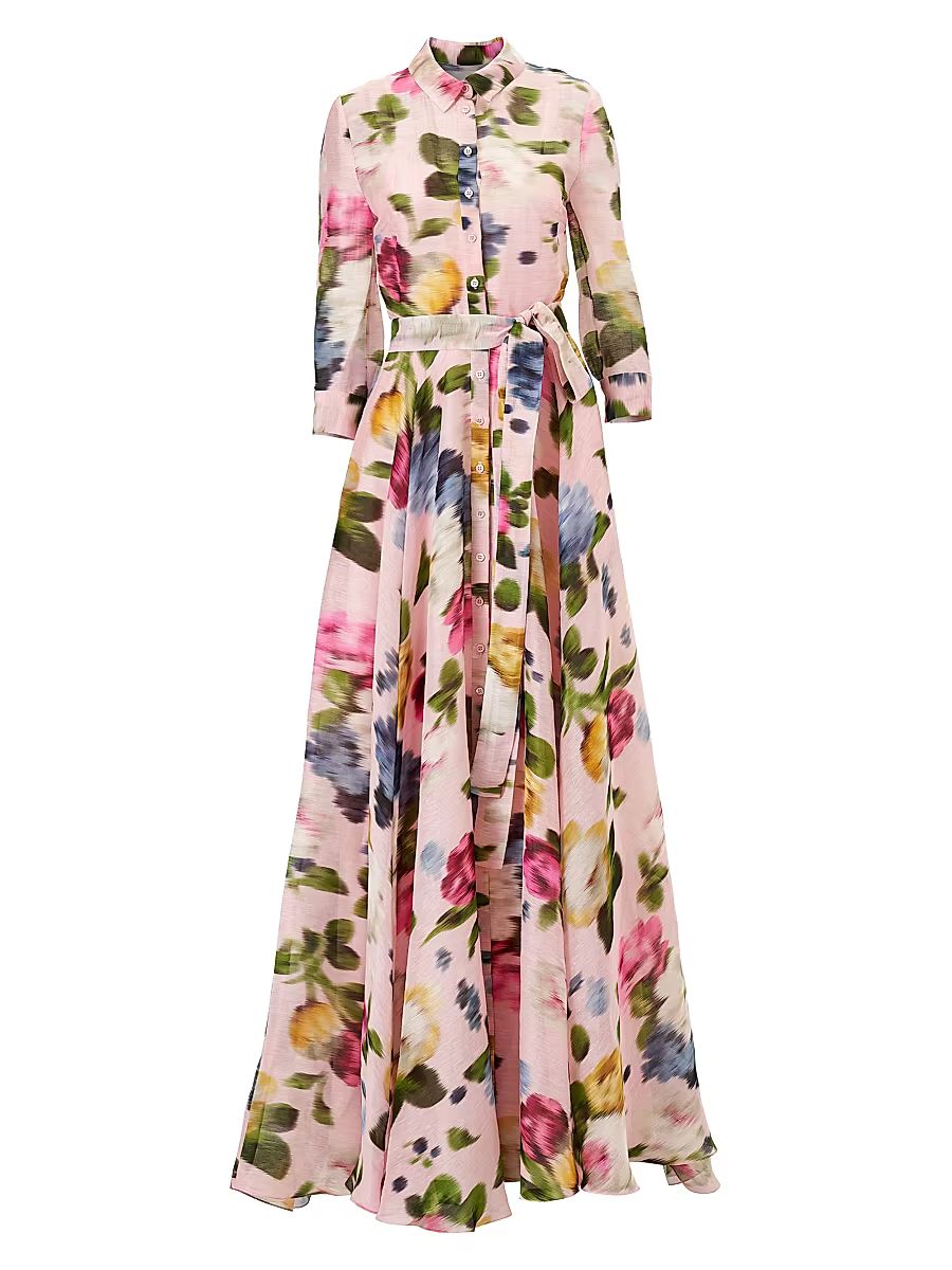 Women's Cabana Floral Belted Linen-Silk Trench Gown - Rosewater Multi - Size 16