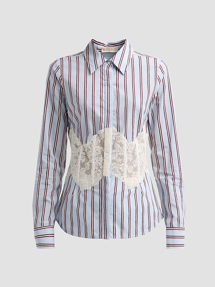 Women's Alana Striped Lace-Overlay Shirt - Blue Stripe - Size 0