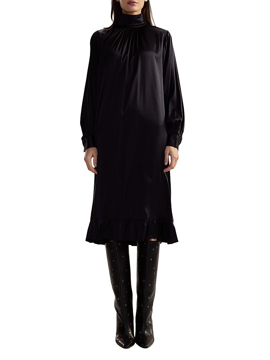 Women's Ruffled Silk Charmeuse Midi-Dress - Black - Size XS