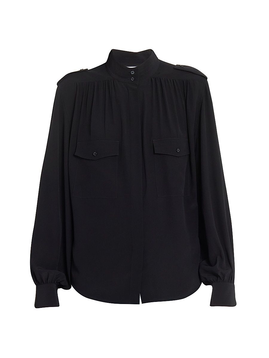 Women's Shirred Yoke Silk Blouse - Black - Size 12