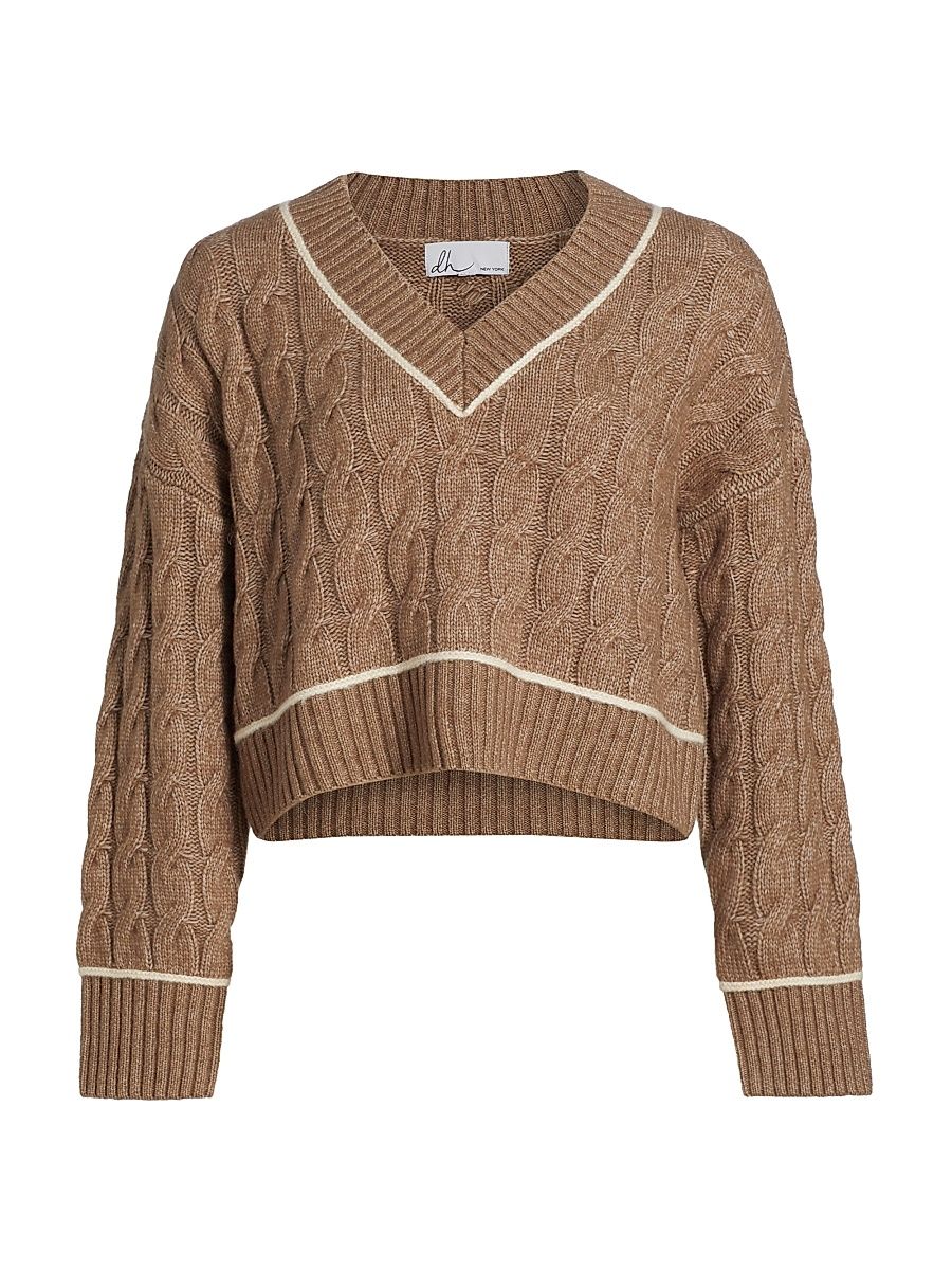 Women's Sophie Cabled V-Neck Sweater - Umber Combo - Size Large