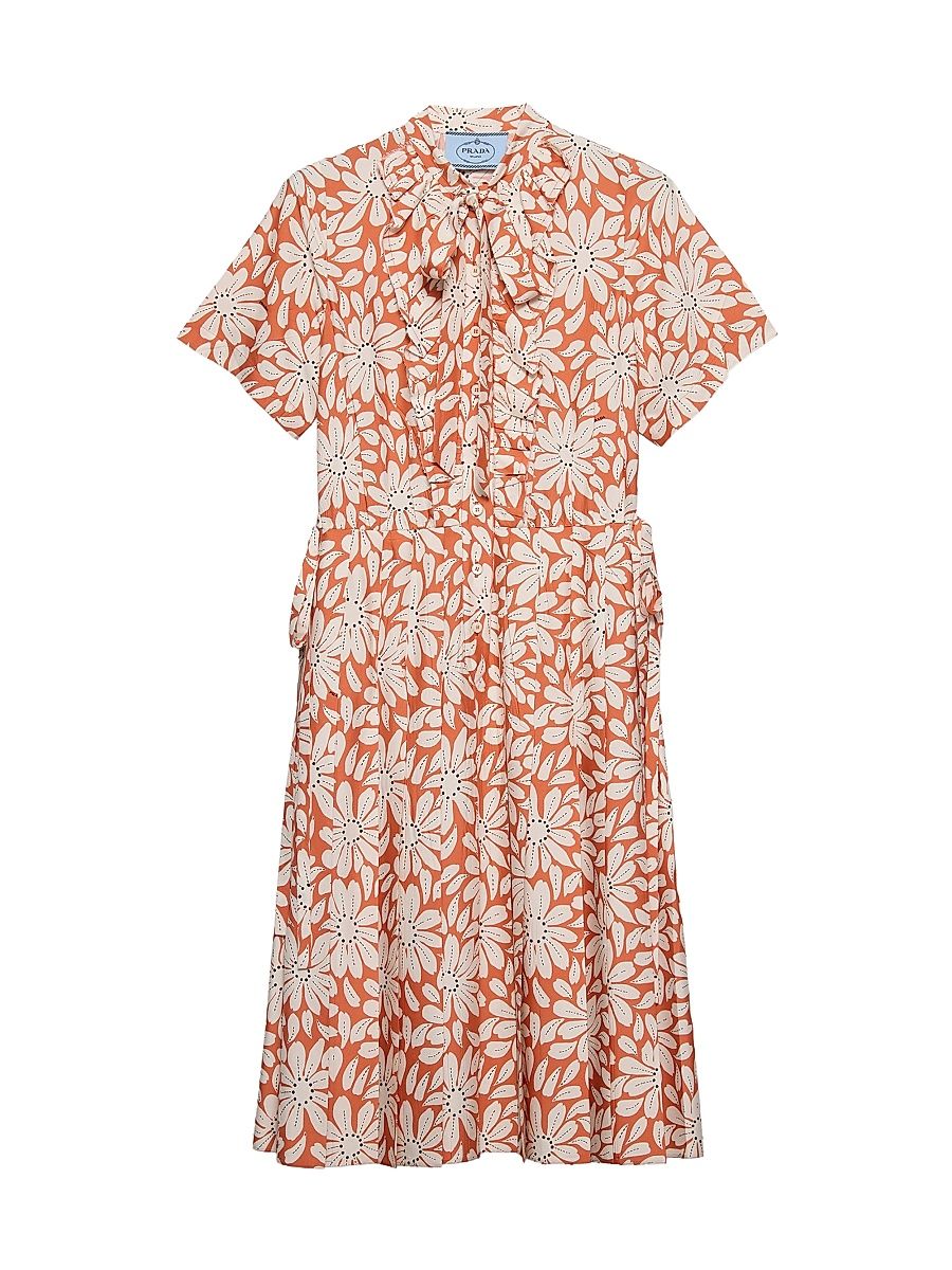 Women's Printed Pleated Pongé Dress - Orange - Size 4