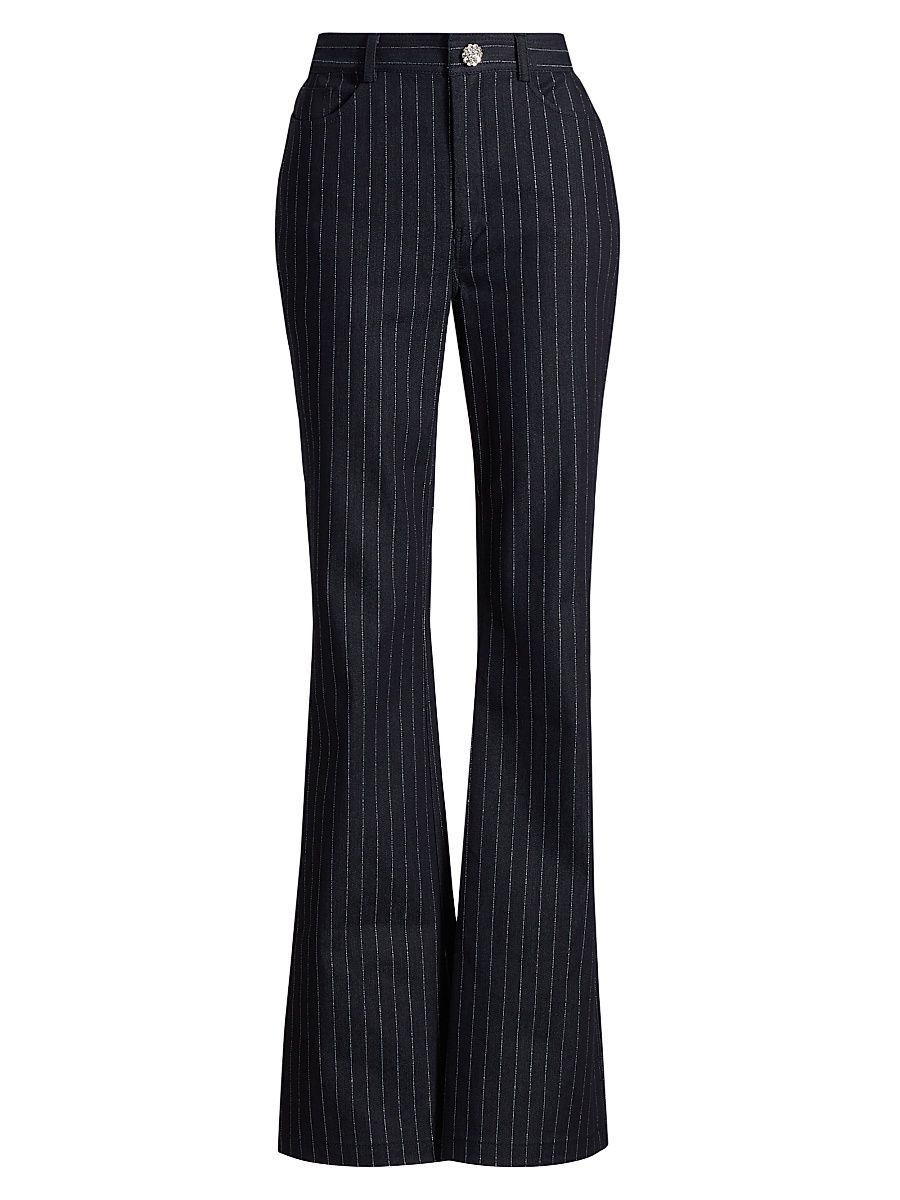 Women's Shailene Crystal-Button Metallic Pinstripe Pants - Indigo - Size 16