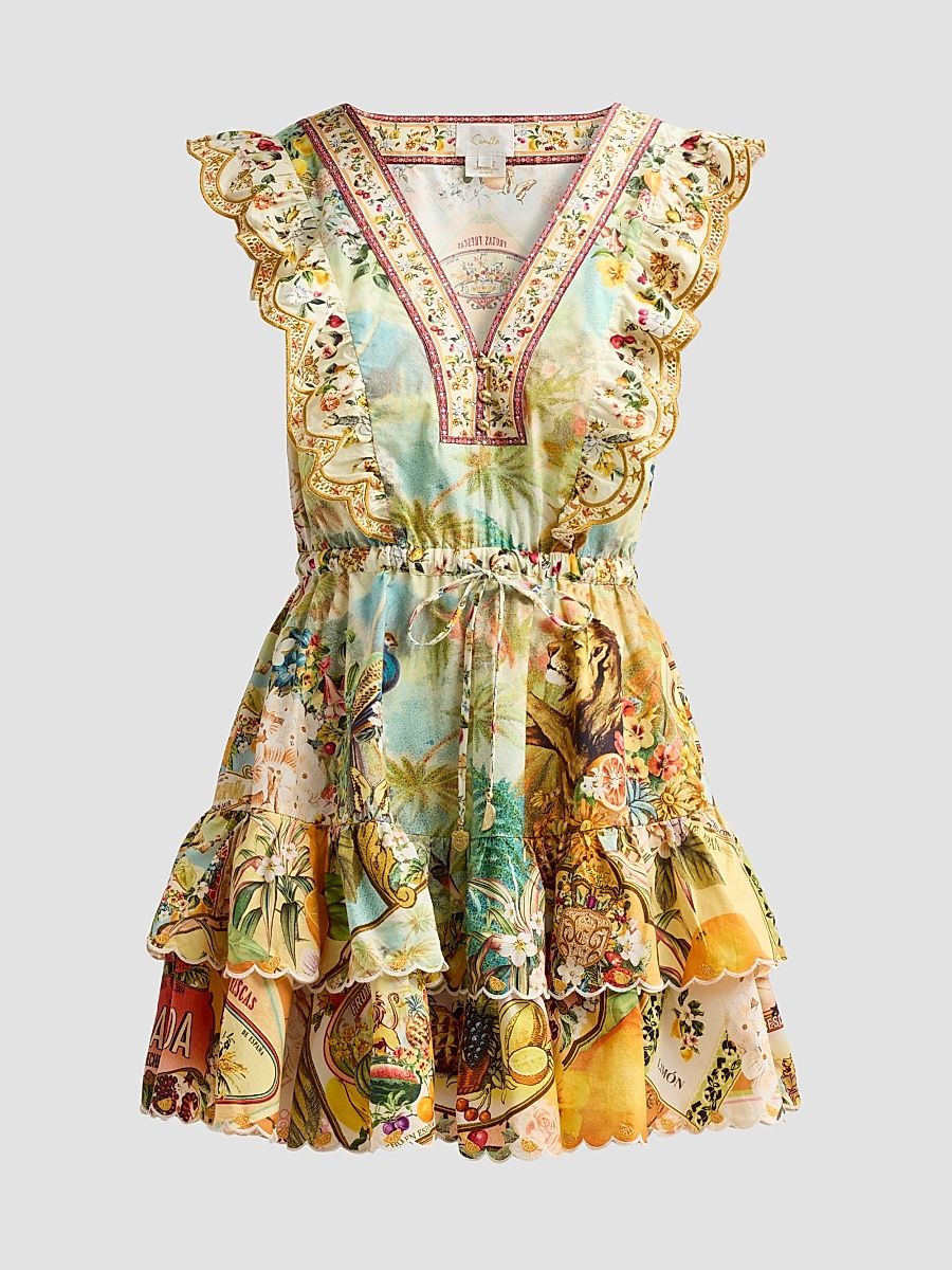 Women's Printed Cotton Tiered Mini Dress - Va Va Vintage - Size Medium