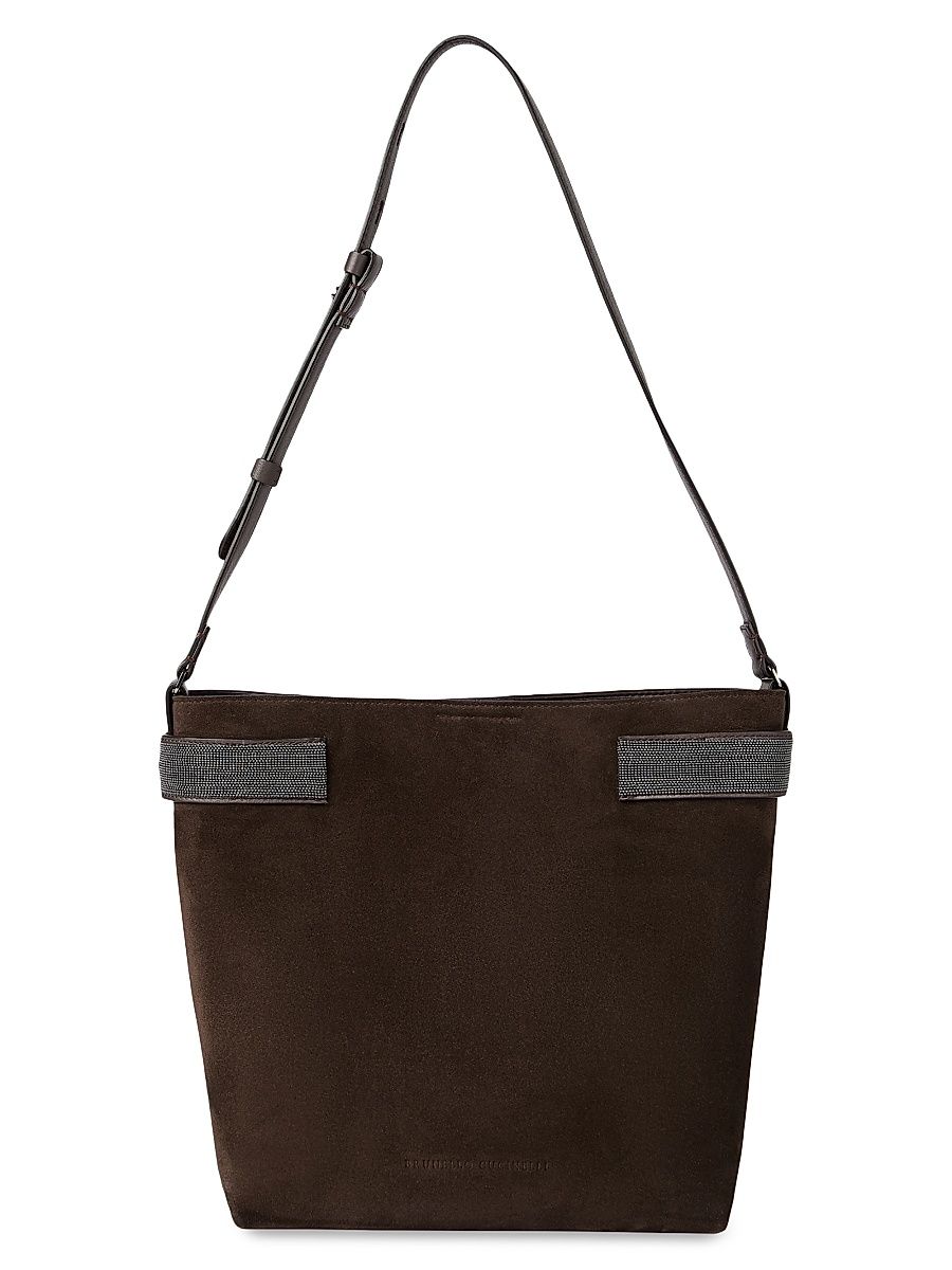 Women's Essence Bucket Bag in Suede with Precious Bands - Pine Cone Brown