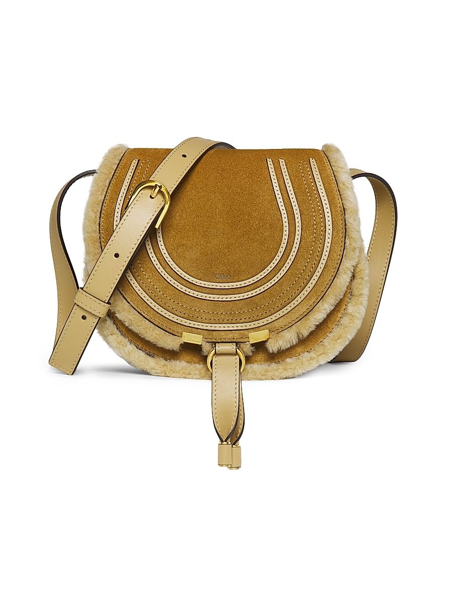 Women's Small Marcie Shearling-Trimmed Suede Saddle Bag - Summery Beige