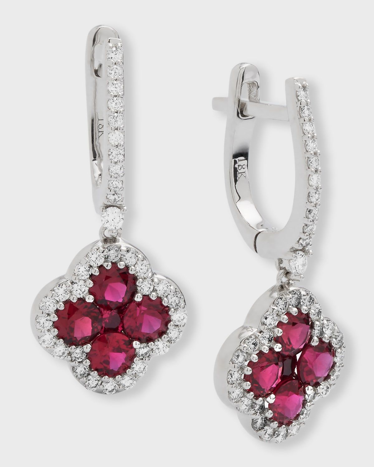18K Ruby and Diamond Flower Hoop Drop Earrings, 0.83tcw, 1.25" / 0.50"W