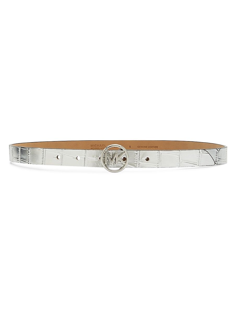 Women's MK Logo Belt Metallic Croc-Embossed Belt - Silver - Size Small