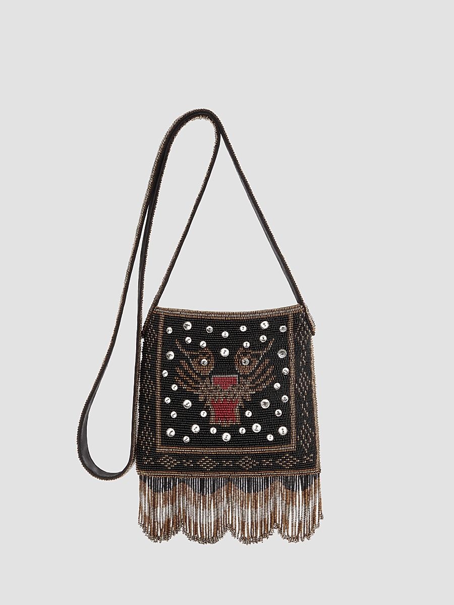 Men's Nellcôte Small Embroidered Shoulder Bag with Fringes - Black