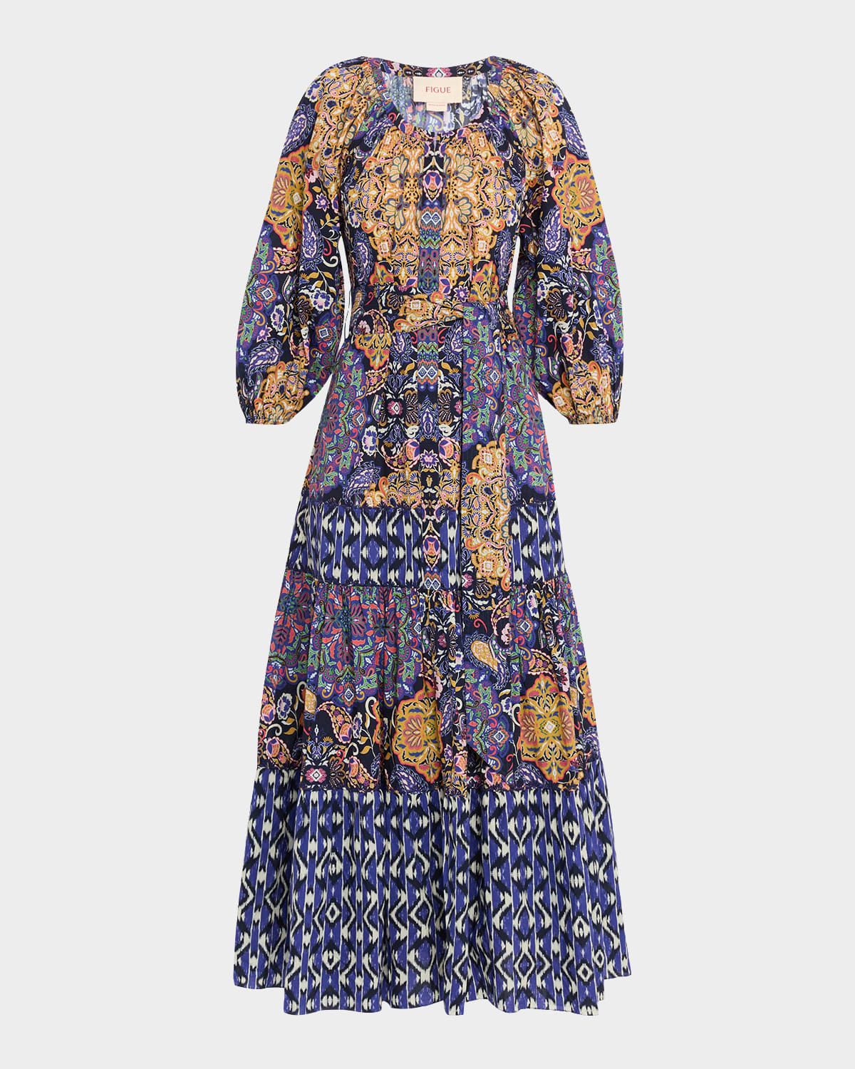 Johanna Multi-Print Tiered Midi Peasant Dress