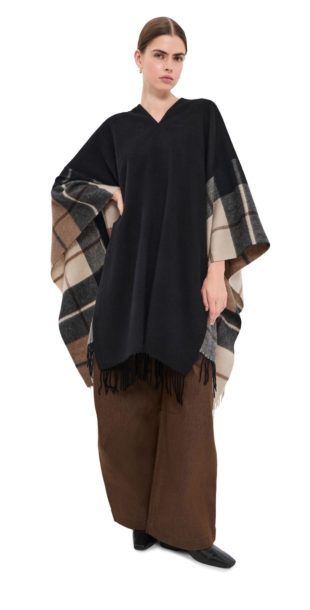 FRENKEN Mixed 2 Scarfs Wool Poncho Dark Choco One Size