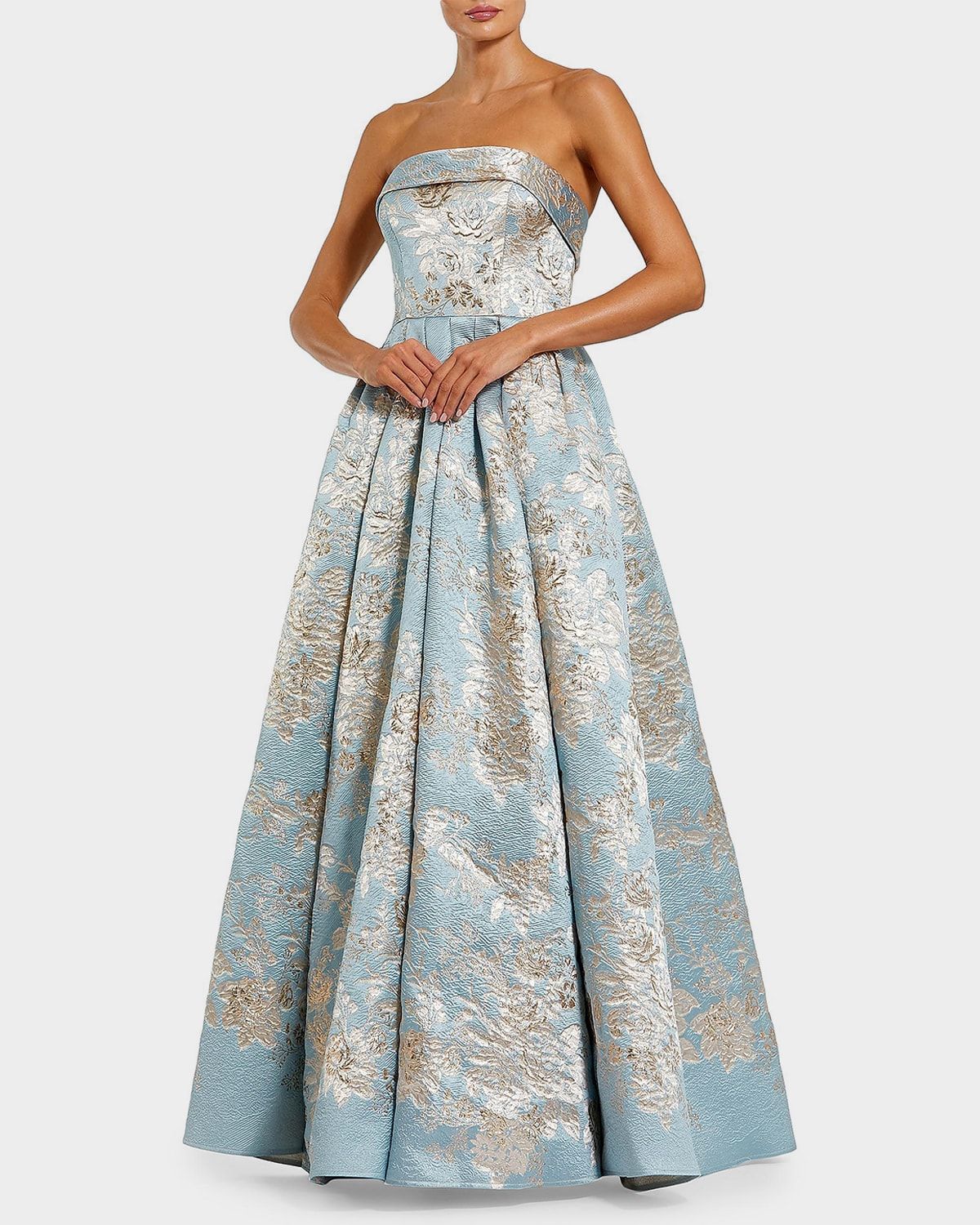 Strapless Pleated Floral Brocade Gown