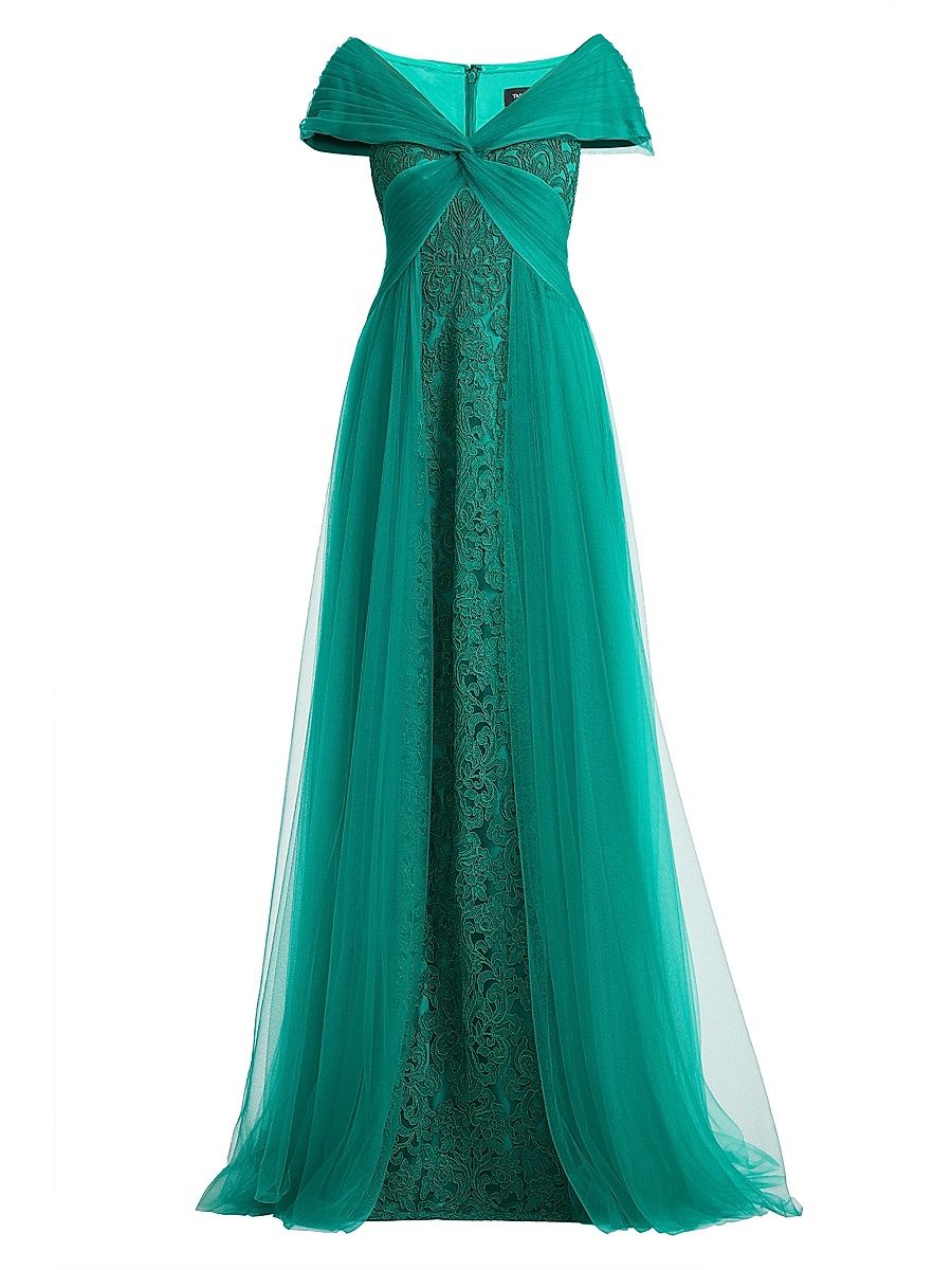 Women's Parello Lotus-Embroidered Tulle Gown - Emerald - Size 20
