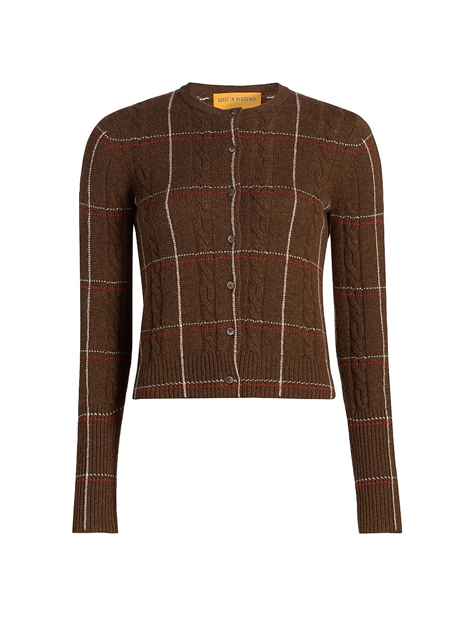 Women's Jane Plaid Cable-Knit Crewneck Cardigan - Chestnut Combo - Size XL