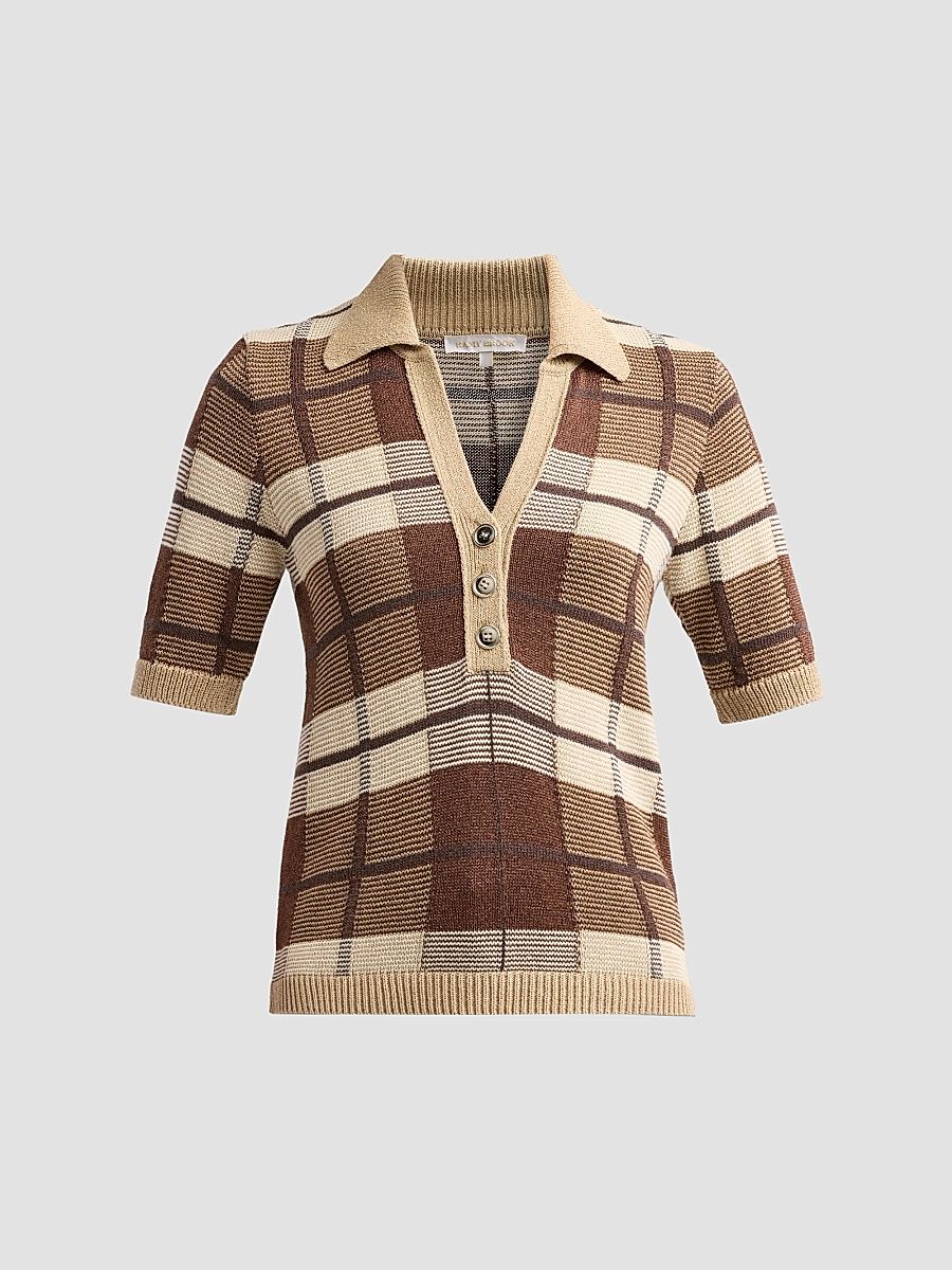 Ramy Brook Women's Melanie Plaid Polo Sweater - Heritage Brown Plaid - Size XL