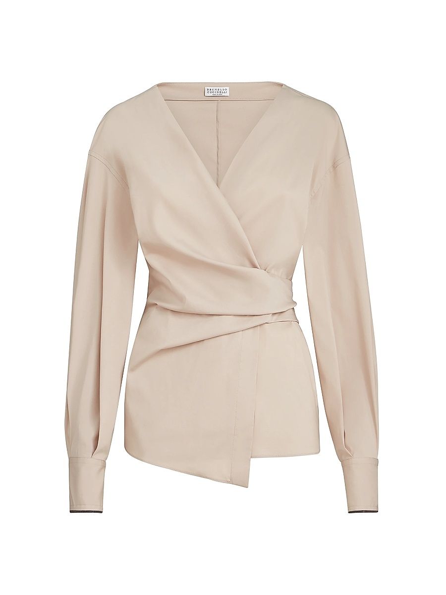 Women's Stretch Cotton Poplin Shirt with Shiny Cuffs - Beige - Size XL