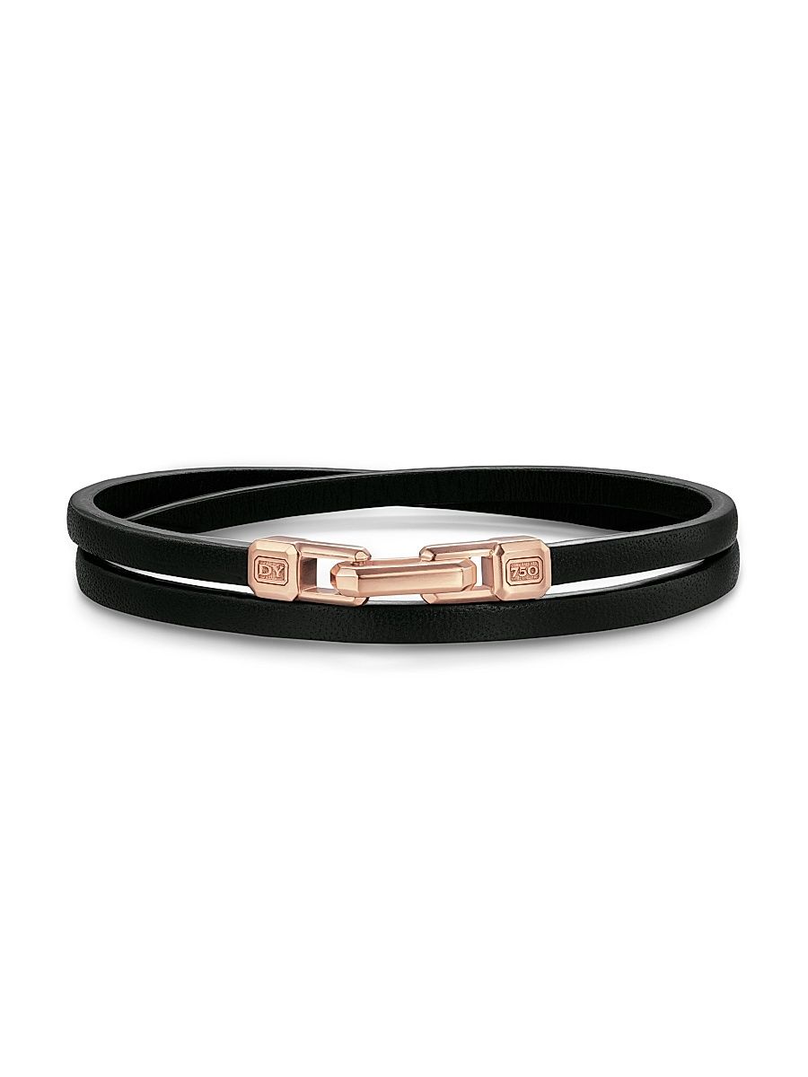 Men's Streamline Double Wrap Black Leather Bracelet, 5.2MM - Black - Size Medium