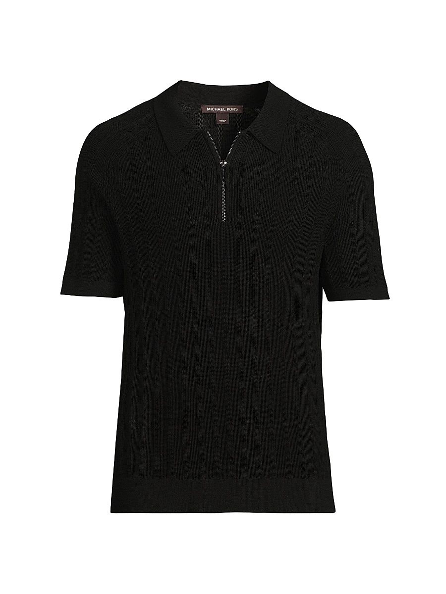 Men's Textured Cotton Zip-Front Polo Shirt - Black - Size Large