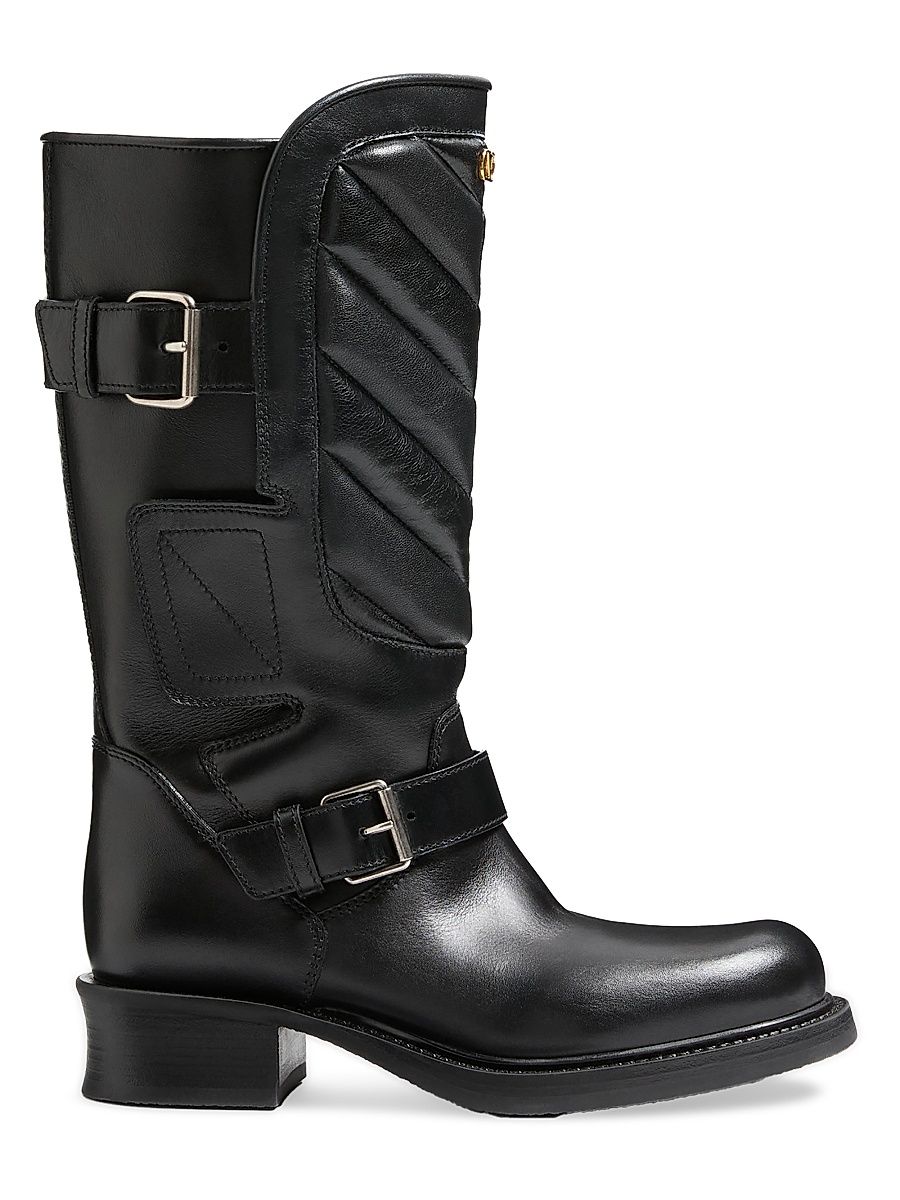 Women's Rayons 40MM Biker Boots in Calfskin and Nappa Leather with Chevron Pattern - Black - Size 11