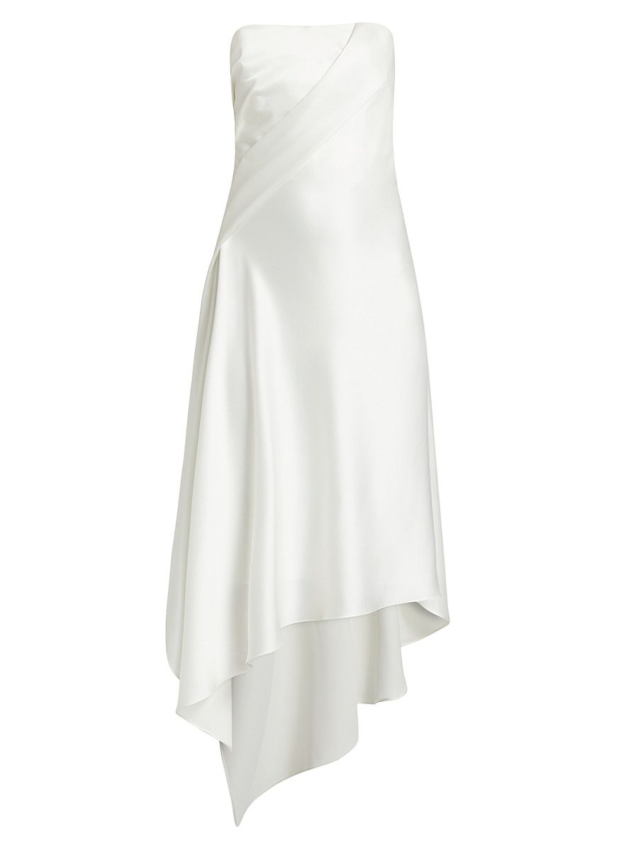 Women's Asymmetric Satin Strapless Midi-Dress - Ivory - Size 12