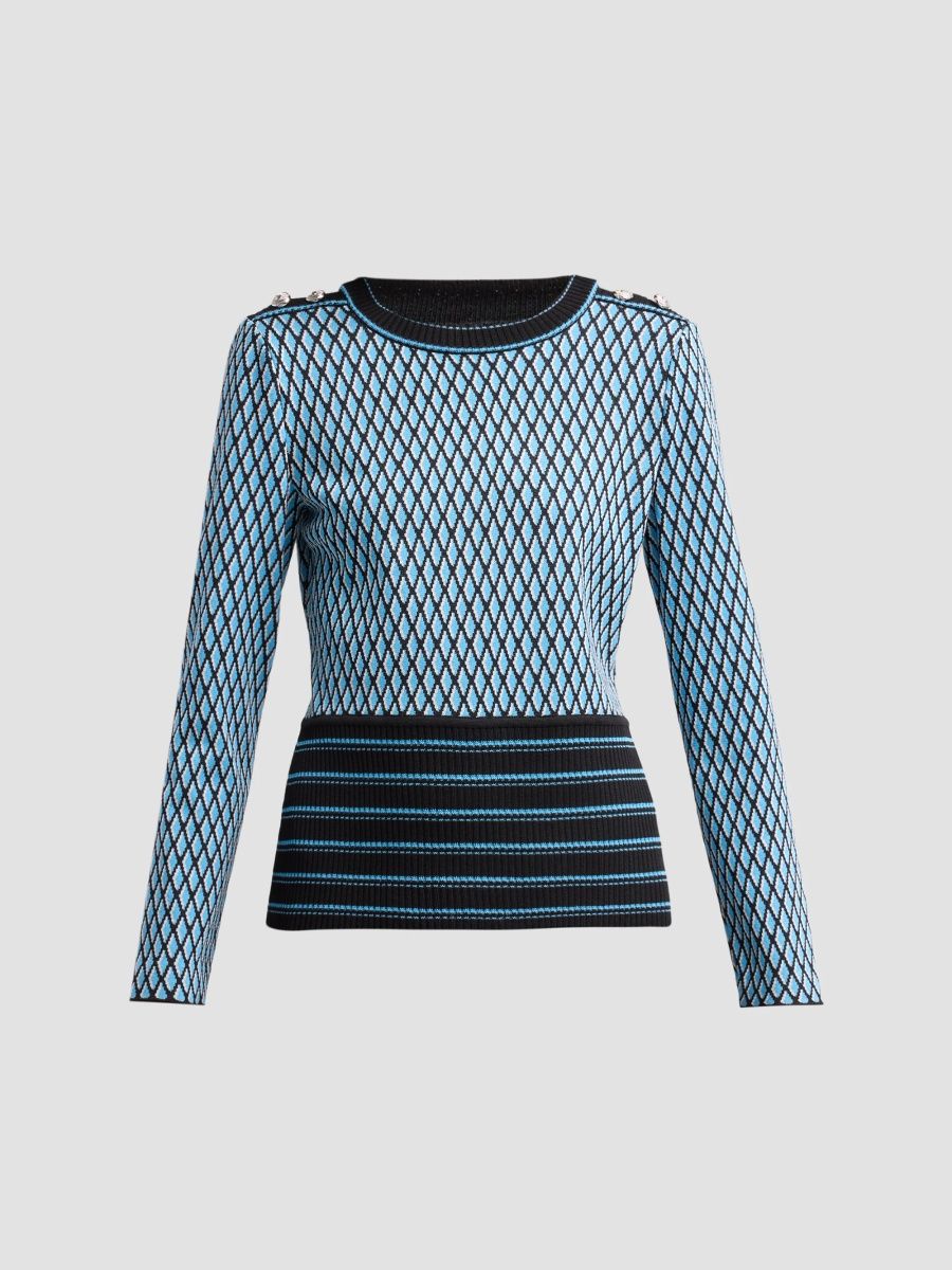 Ming Wang Women's Petite Diamond-Pattern Rib-Knit-Trim Top - Tranquil Blue - Size XL
