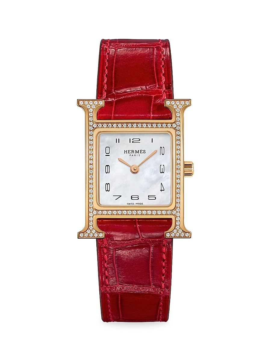 Women's Heure H 25MM 18K Rose Gold, Diamond & Alligator Strap Watch - Red