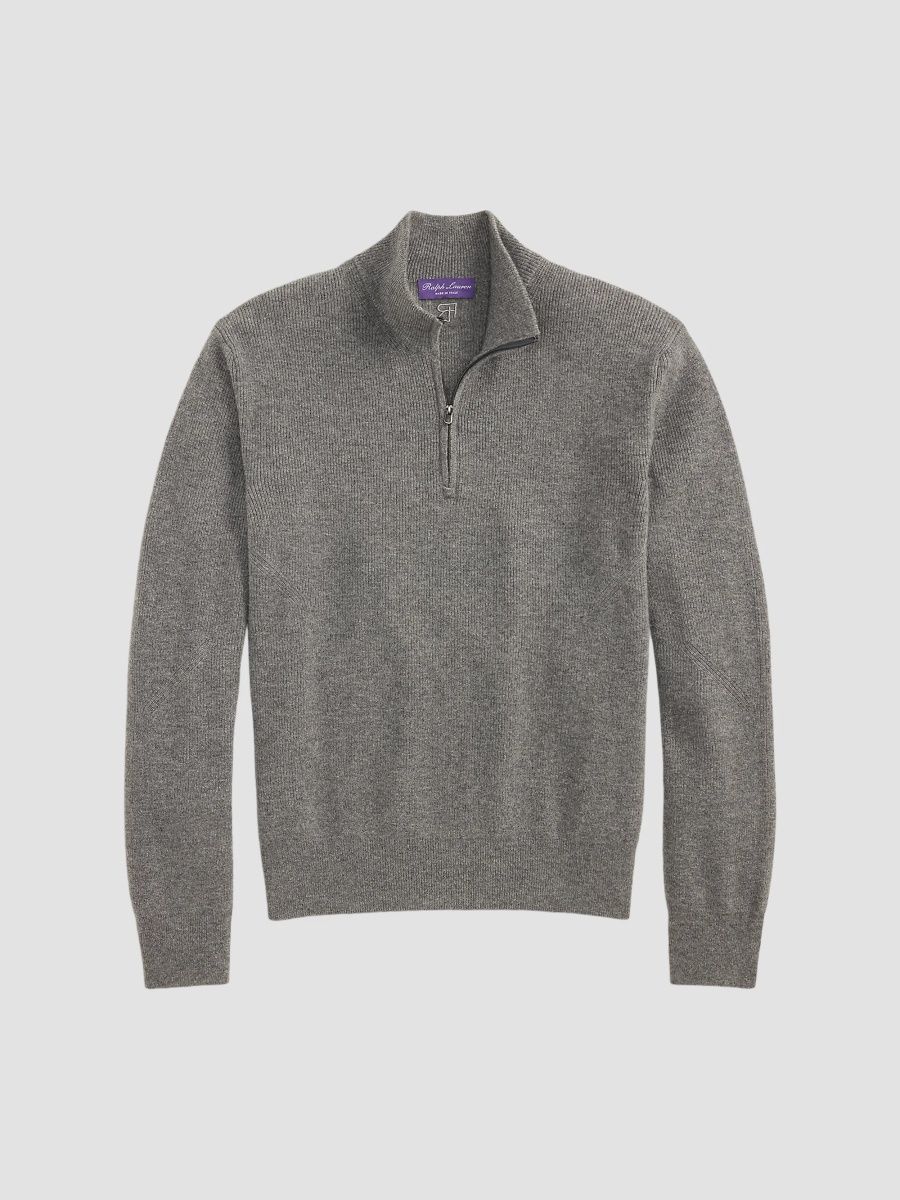 Ralph Lauren Purple Label Men's Textured Cashmere Quarter-Zip Sweater - Medium Grey Melange - Size XXL