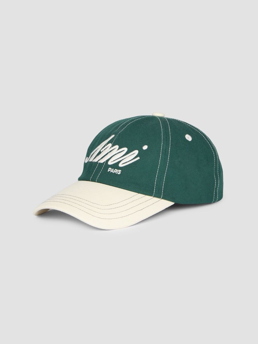 AMI Paris Men's Colorblocked Logo Cotton Baseball Cap - Bottle Green Ivory