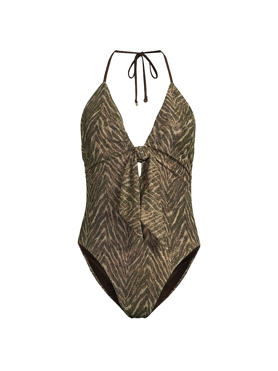 Women's Printed One-Piece Swimsuit - Beach Brown Zebra - Size Large