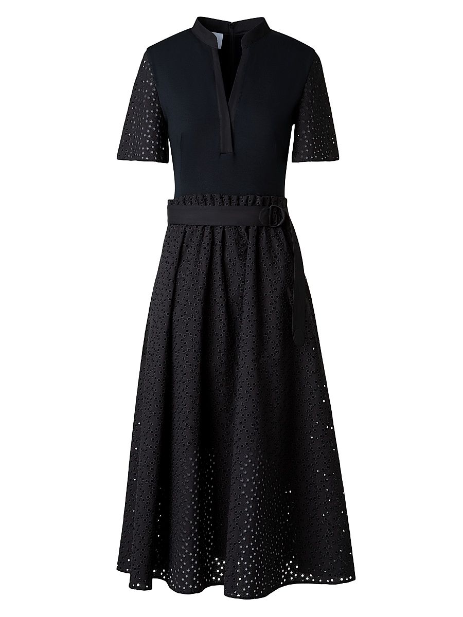 Women's Belted Mixed-Media A-Line Dress - Black - Size 6