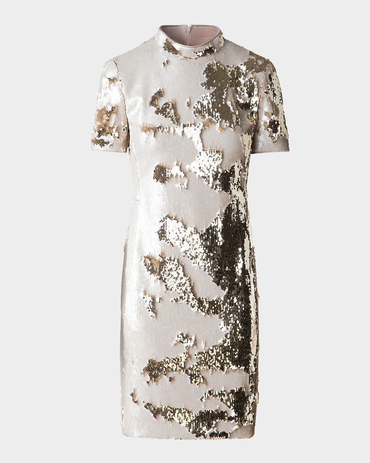 Mock-Neck Short-Sleeve Sequin Mini Dress