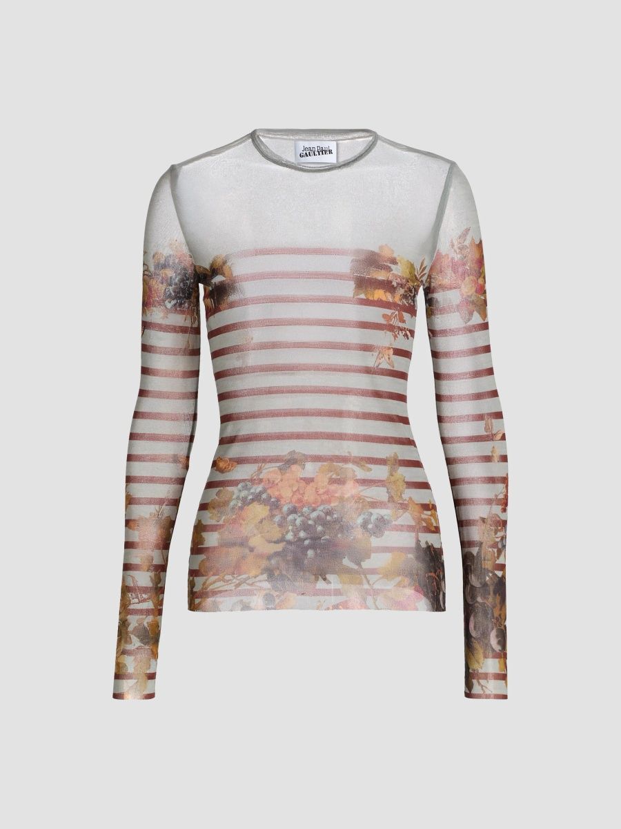 Jean Paul Gaultier Women's Printed Mesh Long-Sleeve Top - Light Blue Multicolor - Size Small