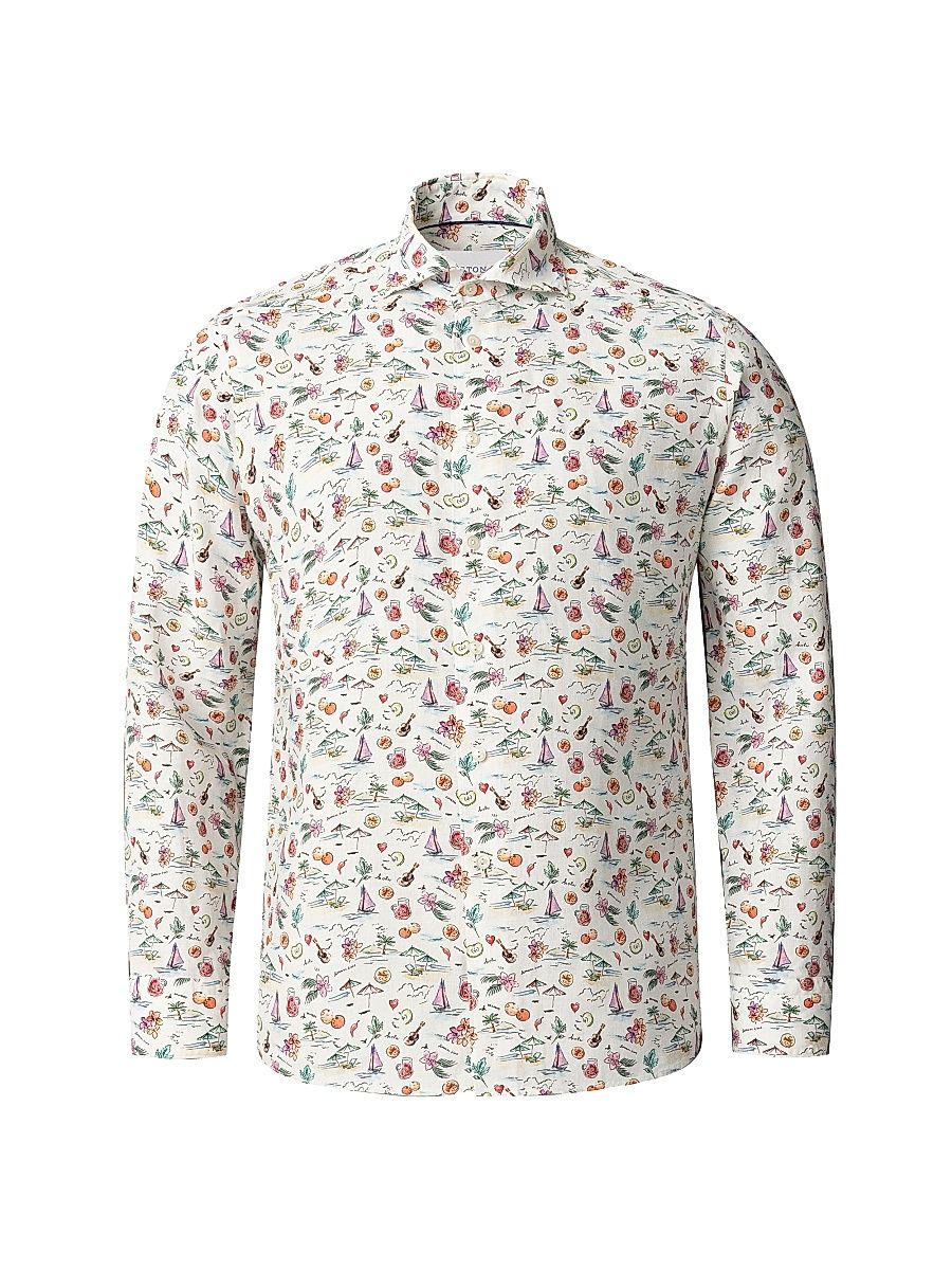 Men's Sangria Print Contemporary-Fit Linen Shirt - Size 17.5