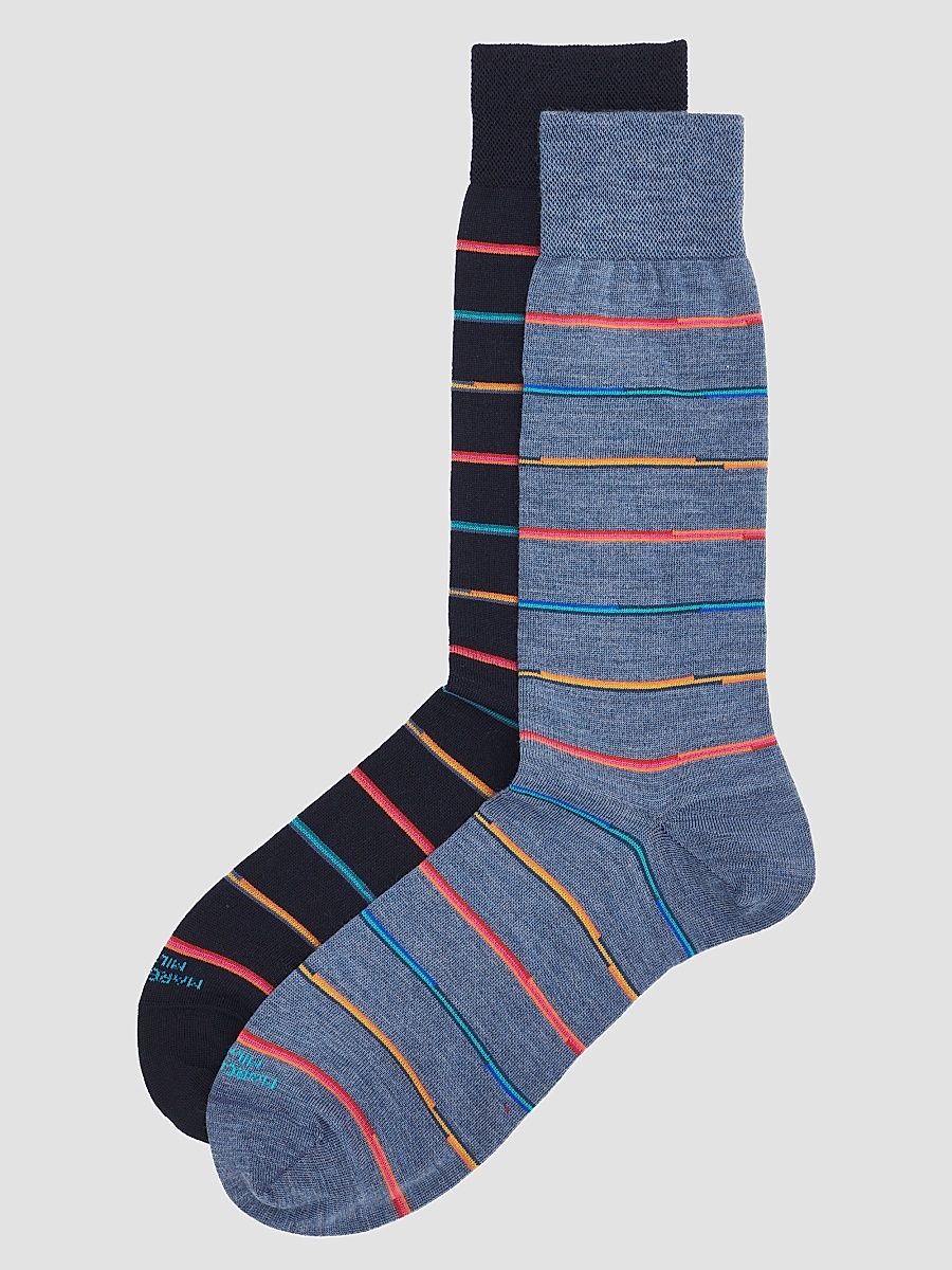 Men's Mixed Striped Wool-Nylon Socks 2-Pack - Navy Light Blue