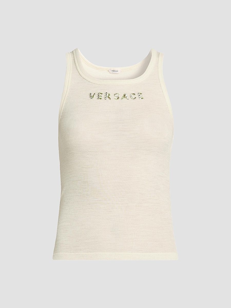 Women's La Vacanza Crystal Logo Rib-Knit Tank - Cream - Size 10