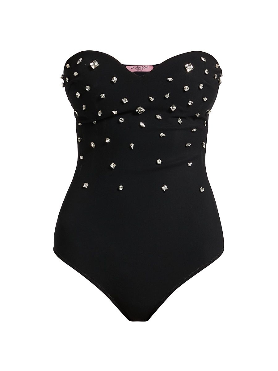 Women's Bianka Crystal-Embellished Strapless One-Piece Swimsuit - Black - Size 8