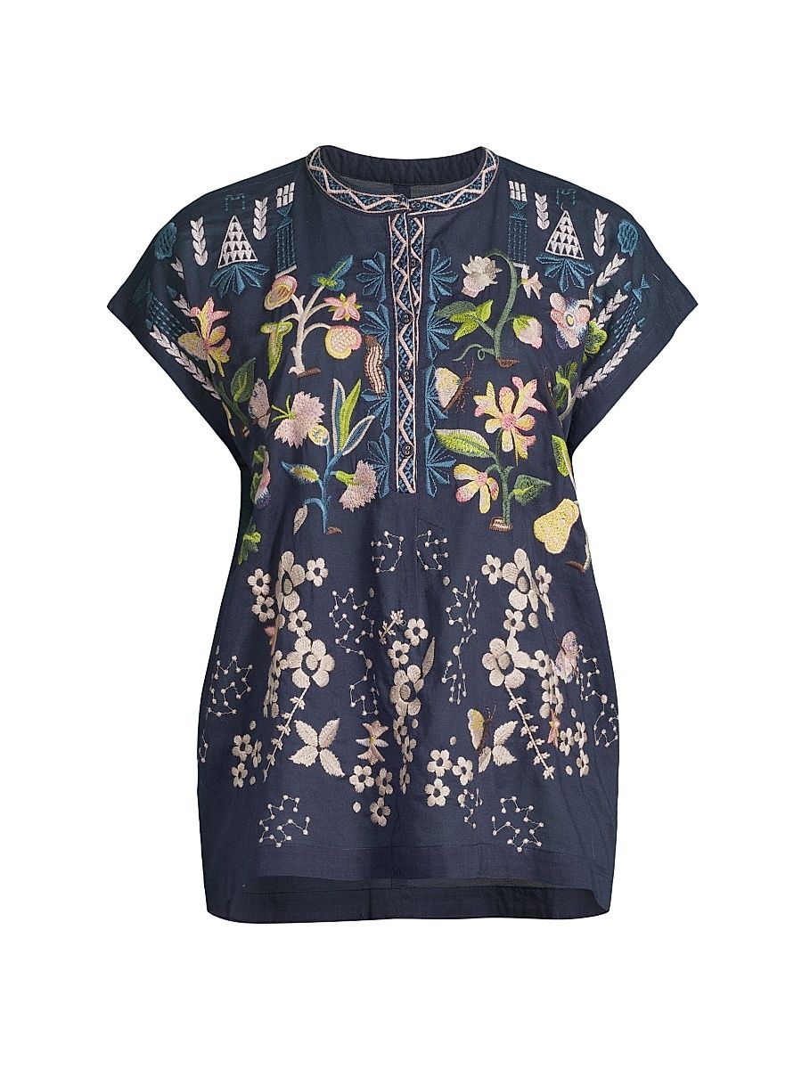 Women's Lemona Joelle Embroidered Cotton Blouse - Navy - Size Small