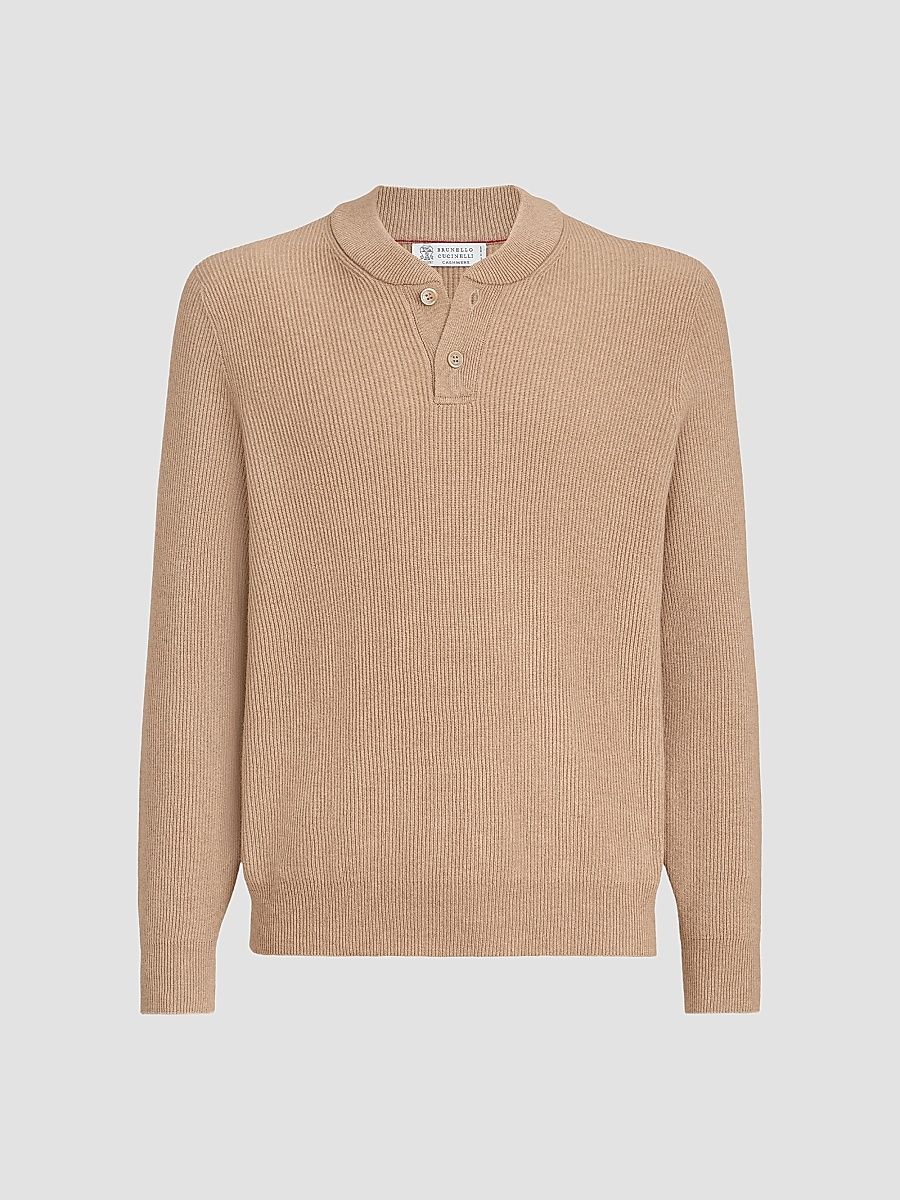 Men's Cashmere English Rib Sweater with Henley Collar - Camel - Size 40